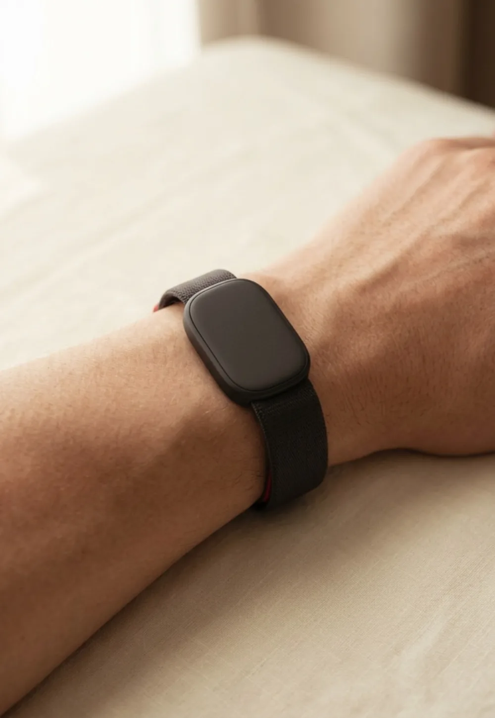 The Curve worn on a wrist: a small matte charcoal pod with a completely blank top face, on a soft charcoal band