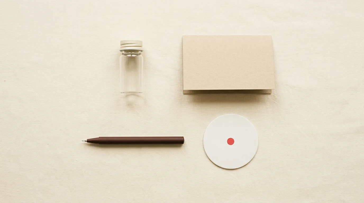 A vial, a folded card, a pen and a sample disc arranged on a cream surface